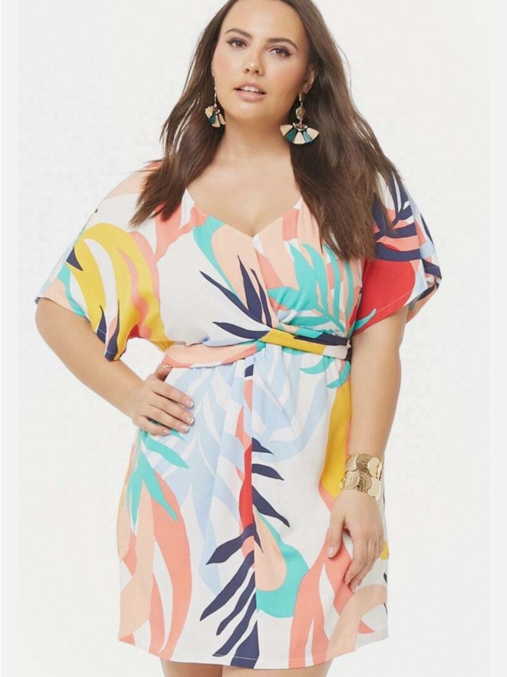 NWOT Forever + Tropical print wrap dress with tie waist- Multi